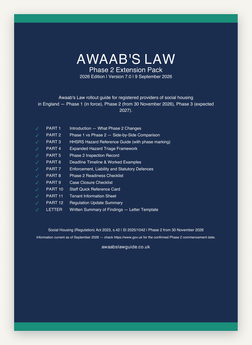 First page of the Awaab's Law Phase 2 Extension Pack 2026, listing its twelve parts