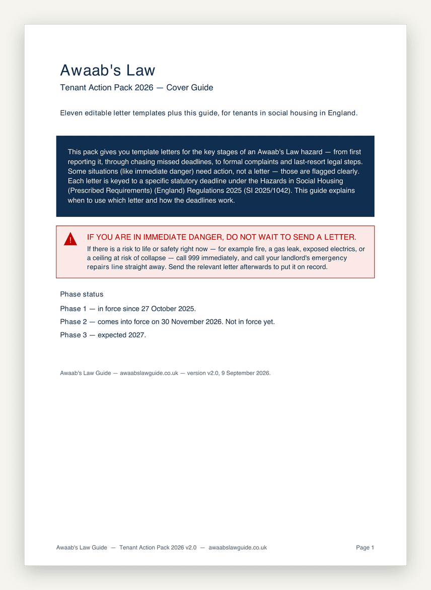 First page of the Awaab's Law Tenant Action Pack 2026 cover guide